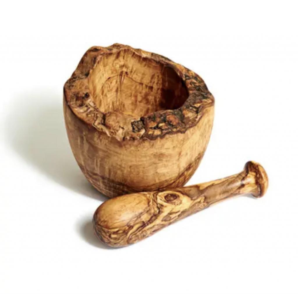 Mortaio e pestello rustico in legno di olivo 10 cm